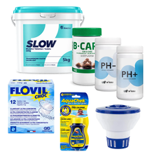 Afbeelding in Gallery-weergave laden, Startpakket Helder Zwembadwater tot 50m³ – Chloor, pH, Alkaliniteit, Vlokmiddel, Drijver en Teststrips
